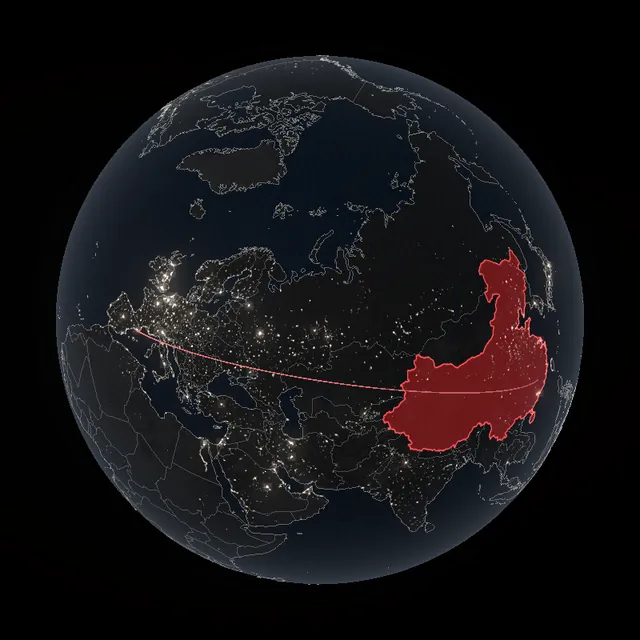 Globe seen from the north with China highlighted in red and an arc to Barcelona