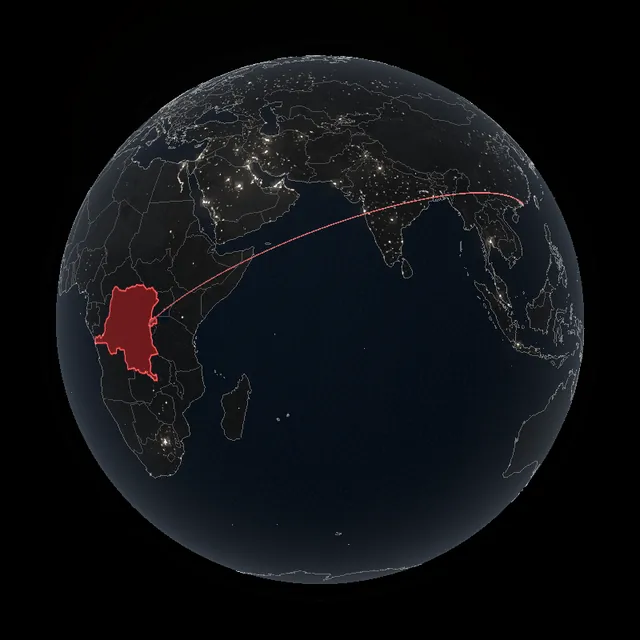 Globe with the Democratic Republic of the Congo and Rwanda highlighted in red and an arc to southern China